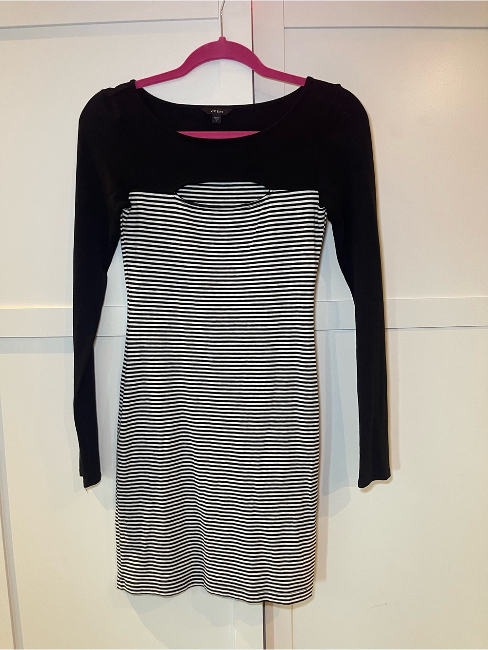 Guess Black and White Striped Long-Sleeve Bodycon Dress